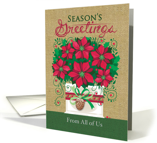 Burlap Red Poinsettia Planter Season's Greetings From All Of Us card