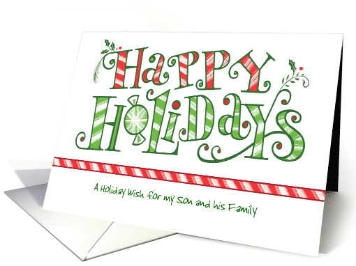 Son and Family Custom Peppermint Stripes Happy Holidays Christmas card