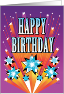 Fireworks Stars Happy Birthday Blue Red Purple card