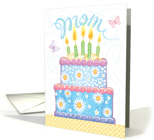 Happy Birthday Blue Daisy Cake and Butterflies For Mom card (1529362)