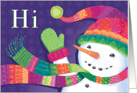 Seasons Greetings Snowman with Blowing Scarf Stocking Cap Ultra Violet card