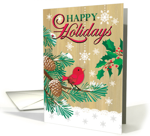 Rustic Happy Holidays Snowflakes Red Bird Christmas card (1545284)