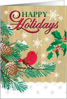Rustic Happy Holidays Snowflakes Red Bird Christmas card