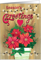 Season’s Greetings Rustic Poinsettias Christmas Lights Business card