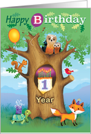 Happy Birthday Woodland Animals Oak Tree Owl Cake 1st First card