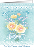 Happy Anniversary Floral Bouquet Lace Rose for Cousin & Husband card
