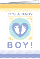 Congratulations New Baby Boy Tiny Foot Prints Heart Flowers Lace card