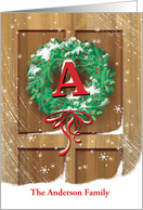 Monogram A Name Custom Wreath Rustic Door Snow Christmas card