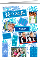 Sister Happy Holidays Christmas Blue Presents 4 Custom Photo card