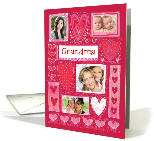 Grandma 4 Custom Photos Valentine Decorative Hearts Pink Red card