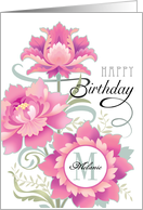 Custom Name M Monogram Happy Birthday Pink Peony Floral Hand Lettering card