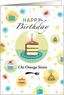 Chi Omega Sorority Sister Happy Birthday Cake Presents Cupcake Dots card