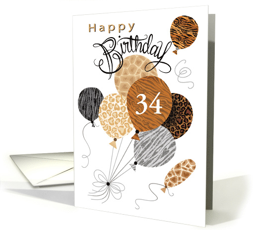 34th Happy Birthday Animal Pattern Balloon Leopard Zebra Tiger card
