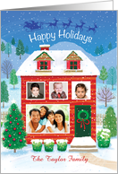4 Custom Photos Happy Holidays Red House Santa Reindeer card