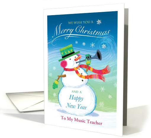 For Music Teacher Trumpet Playingl Snowman Merry Christmas card