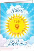 February 9th Birthday Yellow Blue Sun Stars And Clouds card