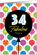 34th Birthday Colorful Floating Balloons With Stars And Dots card