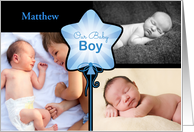 3 Photo Custom Name Birth Announcement Blue Star Balloon card