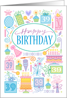 39th Birthday Blue Cake Cupcake Presents Balloon card