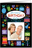 50th Birthday Photo Blue Cake Cupcake Presents Balloon card