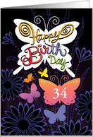 Age 34 Birthday Butterlies Hand Lettering With Dark Blue Flowers card