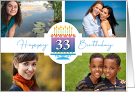 33 Striped Birthday Cake And Candles With 4 Custom Photos card