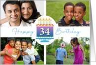 34 Striped Birthday Cake And Candles With 4 Custom Photos card