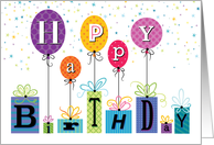 Mixed Lettering On Bright Birthday Presents And Balloons card