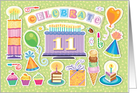 11th Birthday Bright Cake Cupcakes Party Hats Balloons card