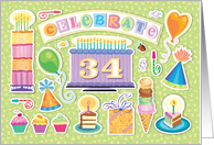 34th Birthday Bright Cake Cupcakes Party Hats Balloons card