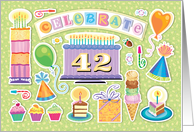 42nd Birthday Bright Cake Cupcakes Party Hats Balloons card