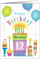 Custom name 12th Birthday Tall Cake Desserts Balloons card