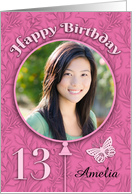 Custom Name Photo 13th Birthday Pink Yellow flowers Cake card