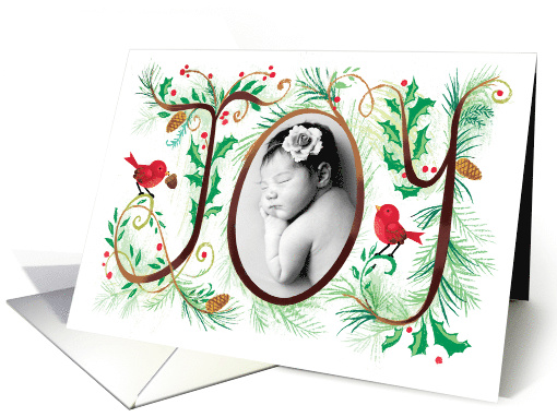 Custom Photo Merry Christmas Joy Typography With Red Birds card