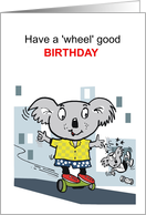 Cute koala bear cartoon showing bears balancing on hover boards. card