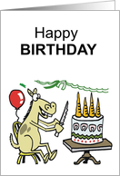 Cartoon horse sitting at table with carrot birthday cake card