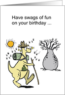 Cartoon kangaroo carrying swag whilst hiking in Australian outback. card