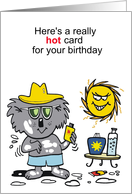 A cartoon koala bear using sunscreen on very hot day. card