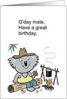 Happy koala bear relaxing with a mug of Australian billy tea card