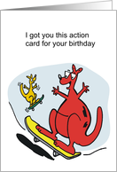 Cartoon of large red kangaroo having fun on skateboard ramp card