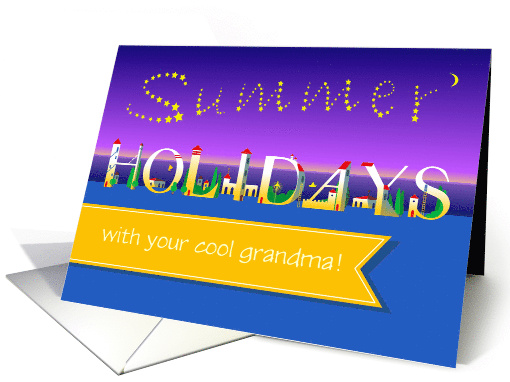 Summer Holidays Invitation. Night coastal town. Custom Text Front card