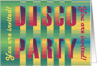 Disco Party. You are invited! Striped card with striped text. card