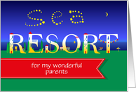 Sea resort. Trip card for parents. Night beach. Custom text front card