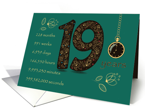 19th Golden Birthday Card. Floral Number 19. Time counting card