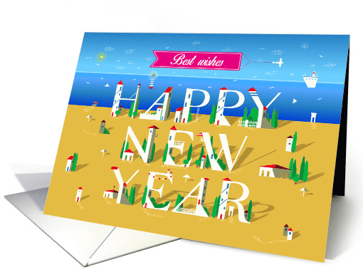 Happy New Year. Best Wishes. Summer Beach. Plane in the Sky card