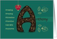 Name Day of Anthony. Custom Name. Artistic Letter A and Gold Flowers card