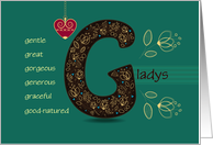 Name Day of Gladys. Letter G and Golden Color Flowers card