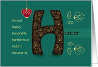 Any occasion for Custom Name. Letter H and Golden Color Flowers card