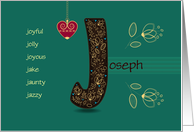 Name Day of Joseph. Letter J and Golden Color Flowers card