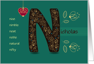 Name Day of Custom Name. Letter N and Golden Color Flowers card